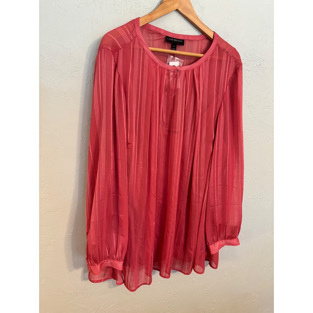 Lane Bryant Women 24 Pink Sheer Metallic Stripe Long Sleeve Tunic Blouse NWT